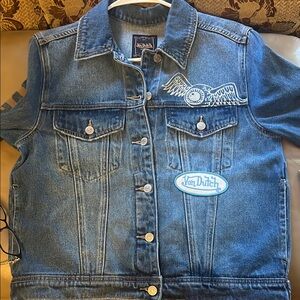 Von Dutch size s Blue Denim Jacket with Embroidered Wing and Logo Patches